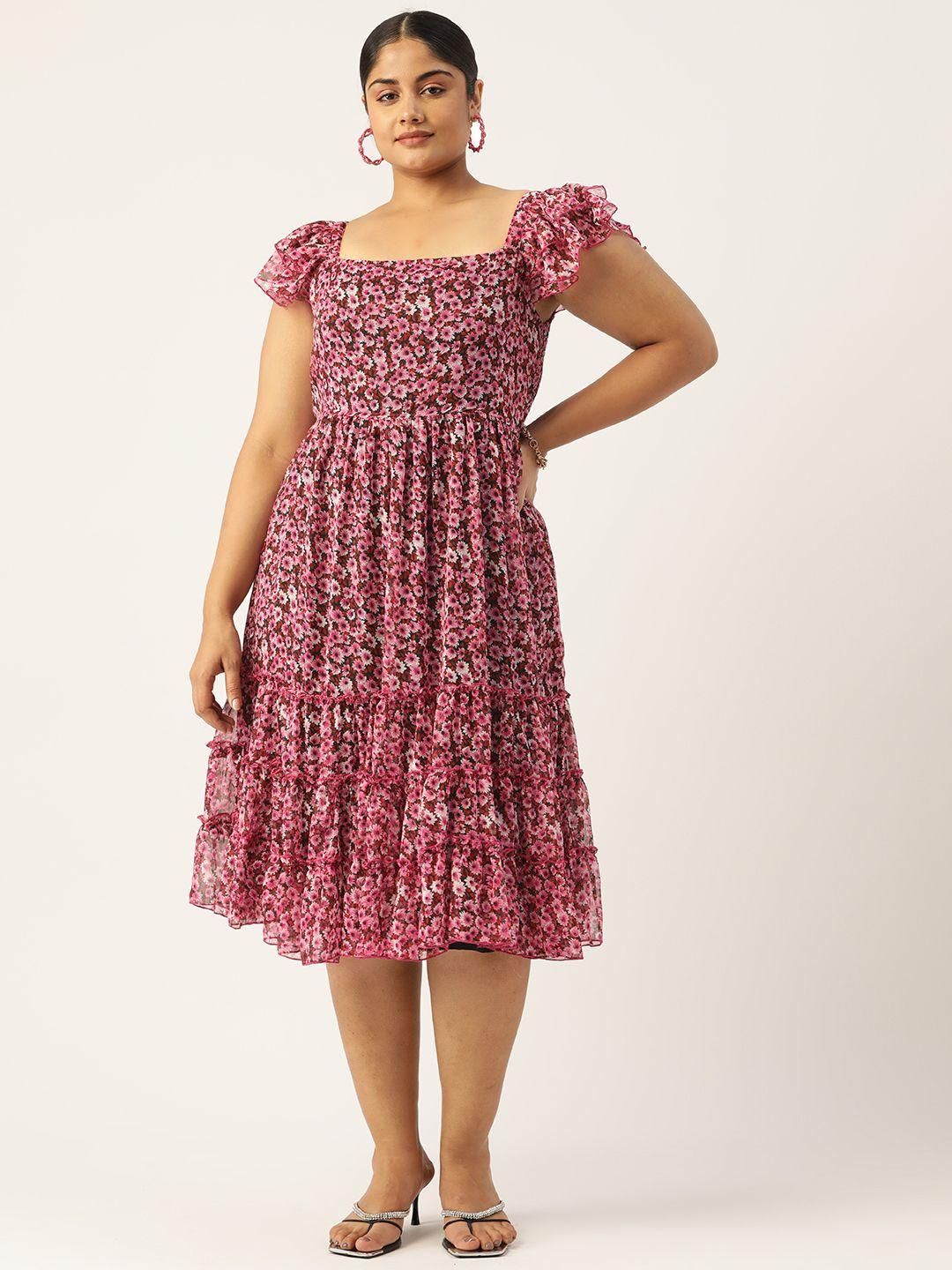 antheaa curve plus size floral printed smocked tiered chiffon midi dress