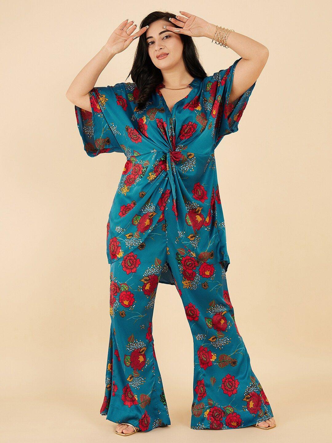 antheaa curve plus size floral printed v-neck satin top & trouser