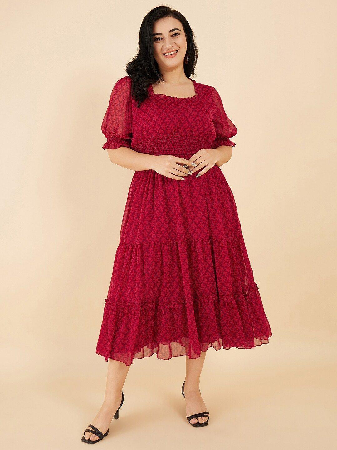 antheaa curve printed square neck puff sleeve fit & flare midi dress