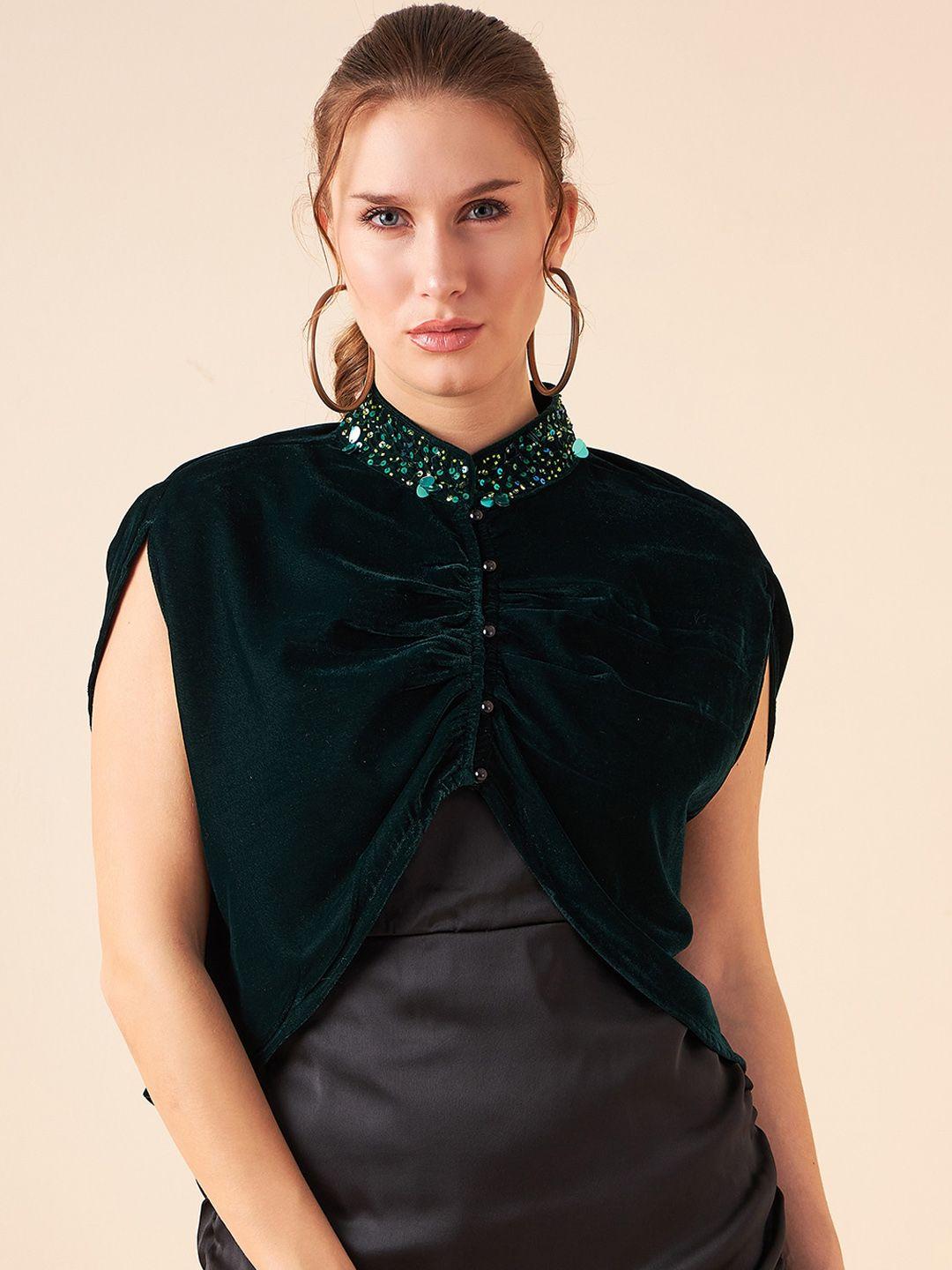 antheaa embellished jewel neck crop cape jacket