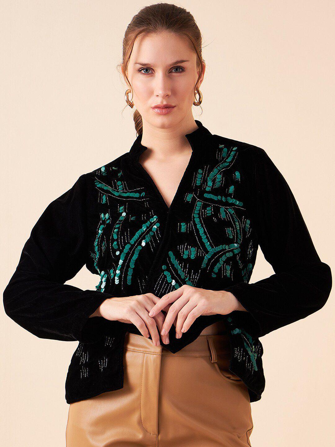 antheaa embellished mandarin collar long sleeve top