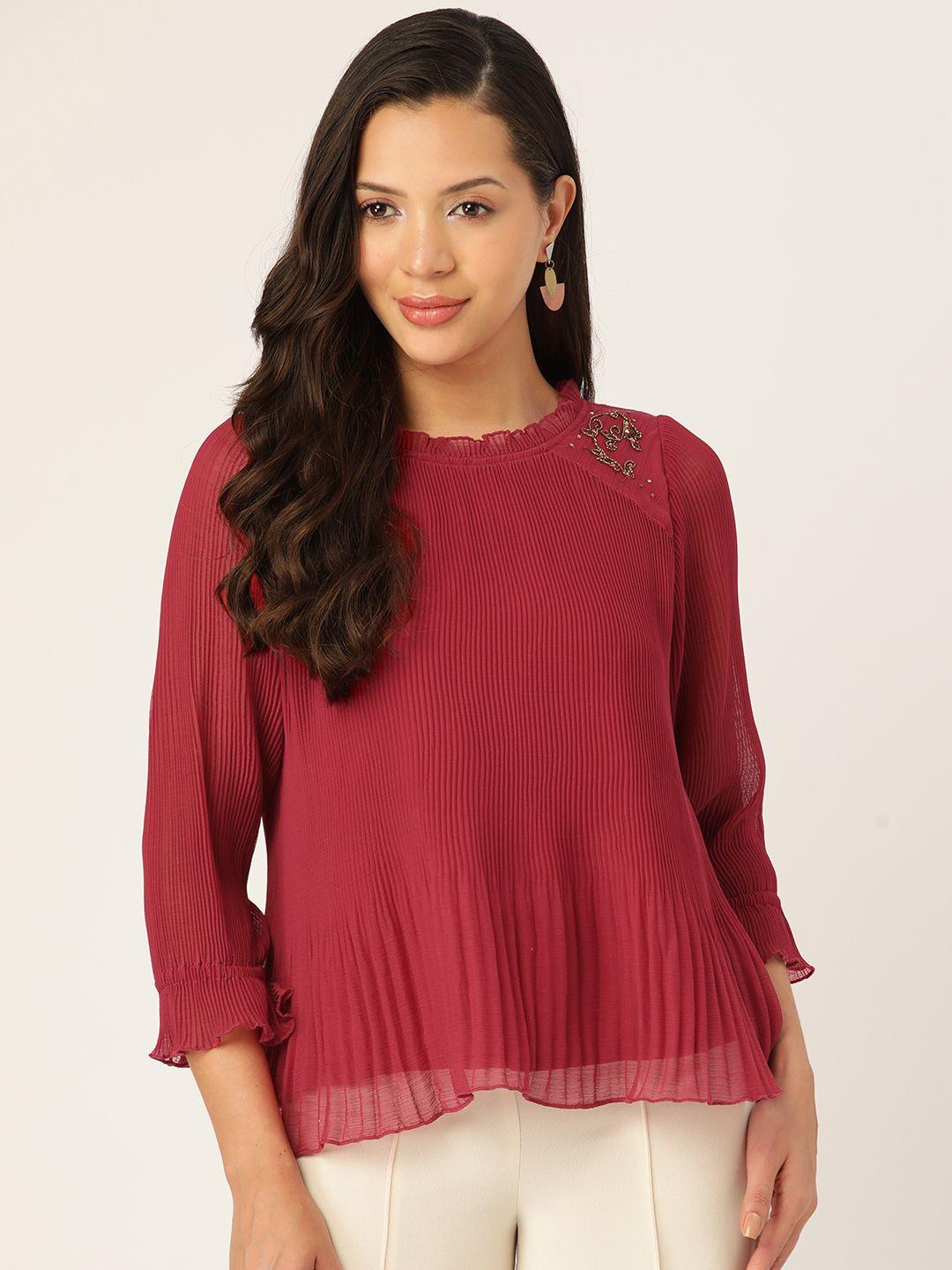 antheaa embellished pleated chiffon a-line top