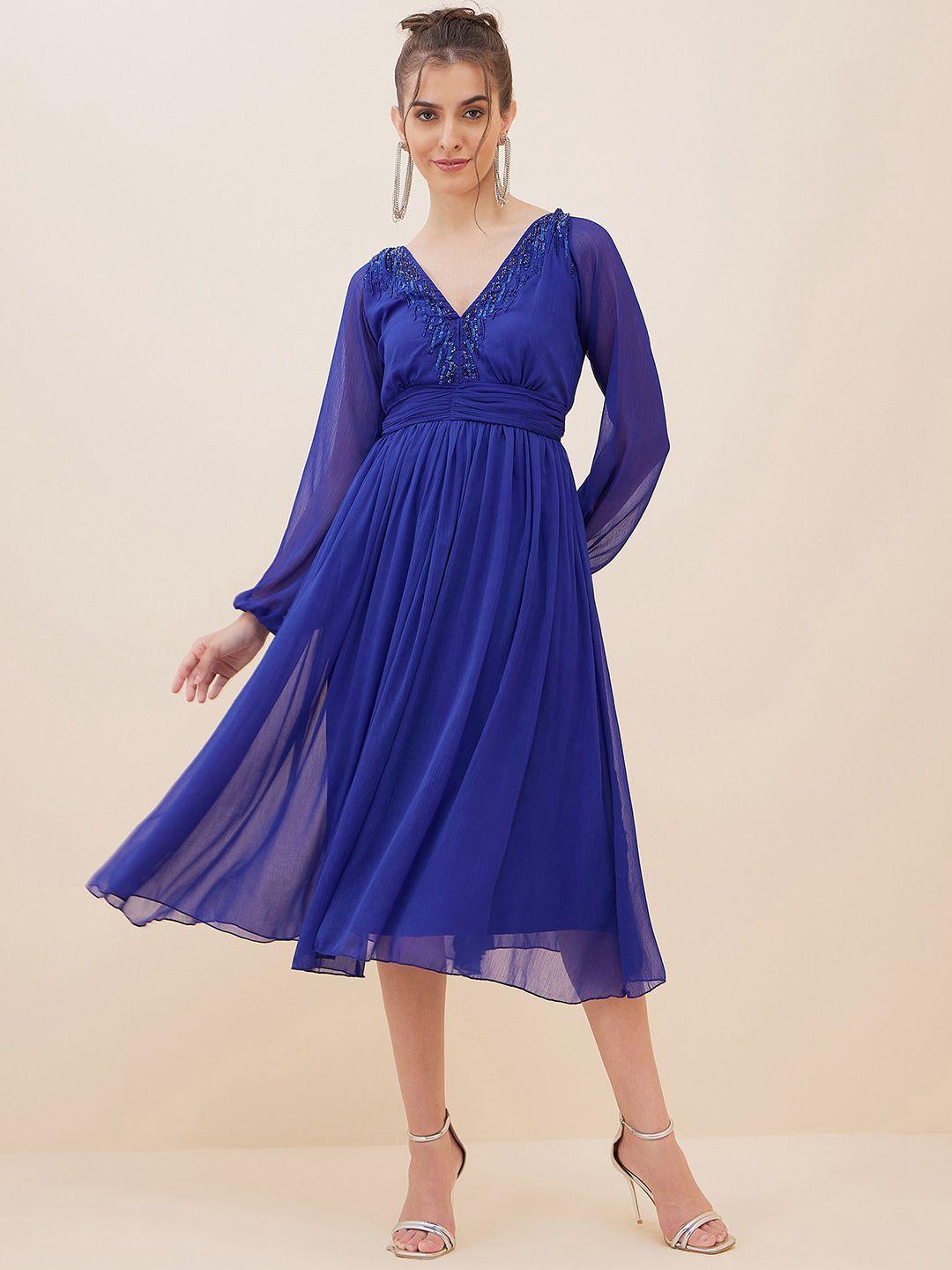 antheaa embellished puff sleeves sequinned chiffon fit & flare midi dress