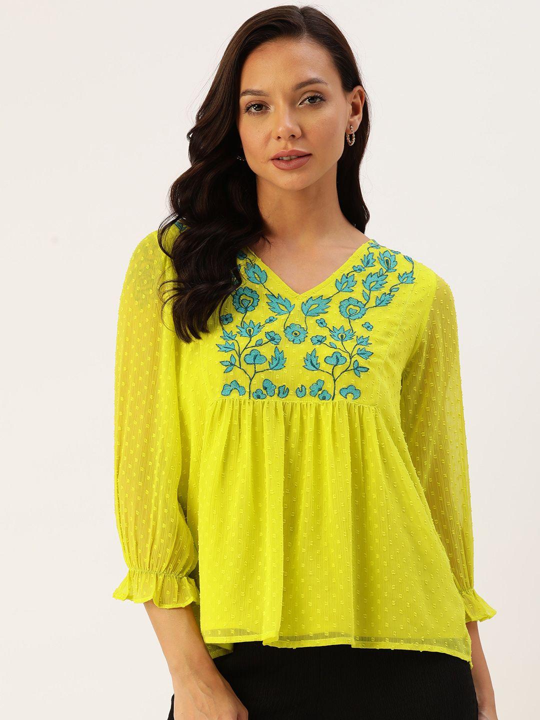 antheaa floral embroidered puff sleeve chiffon peplum top