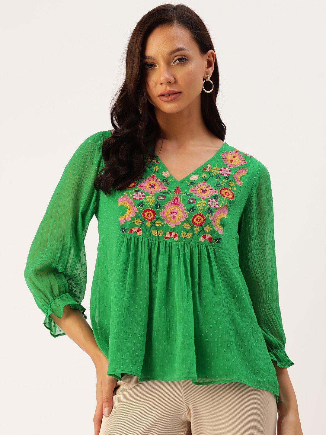 antheaa floral embroidered puff sleeve chiffon top