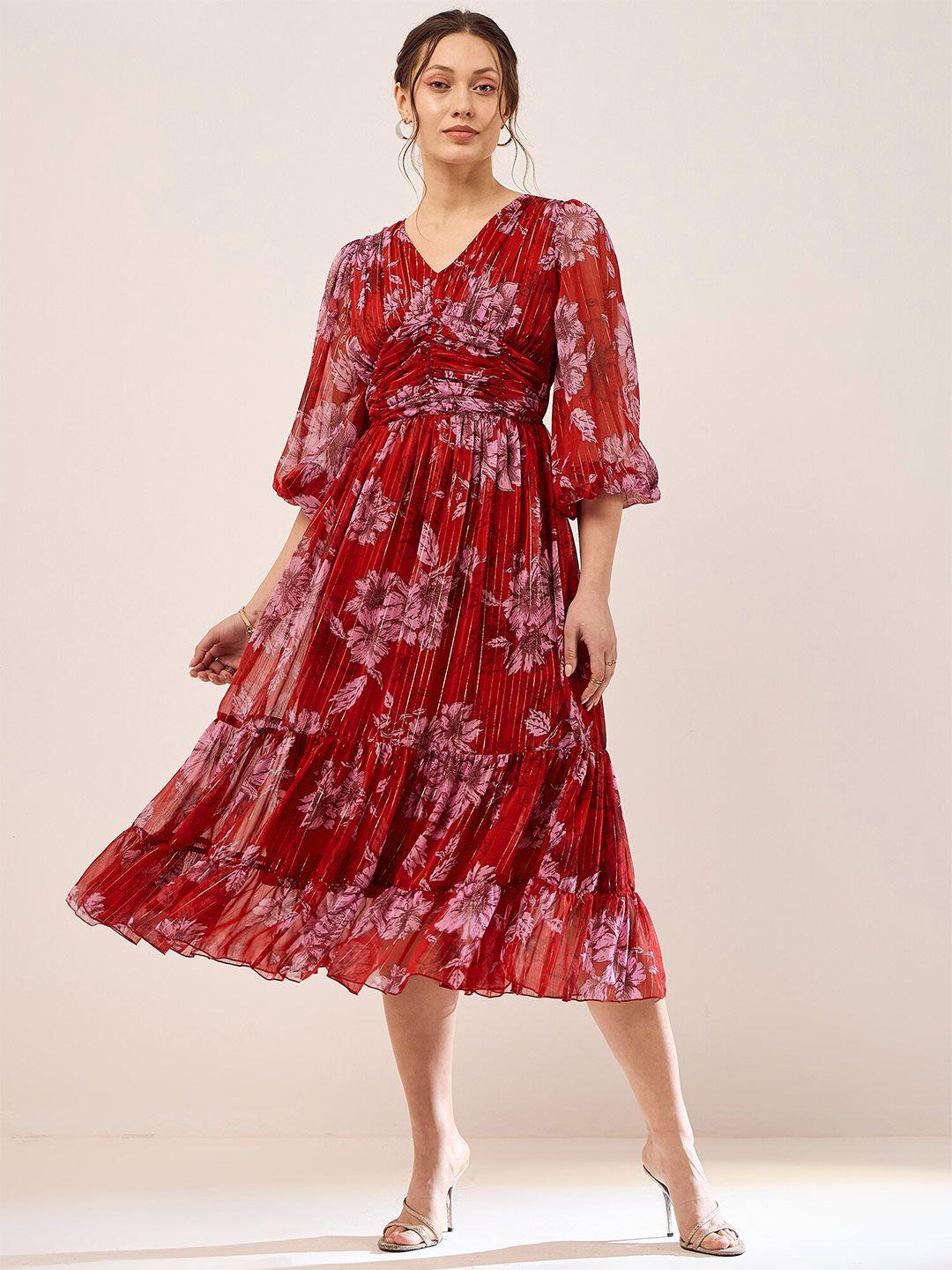 antheaa floral print bell sleeve chiffon fit & flare midi dress