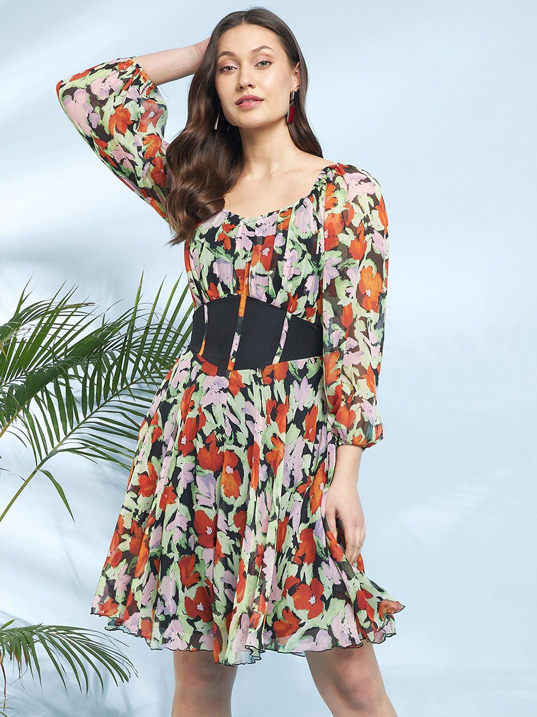 antheaa floral print chiffon fit & flare dress