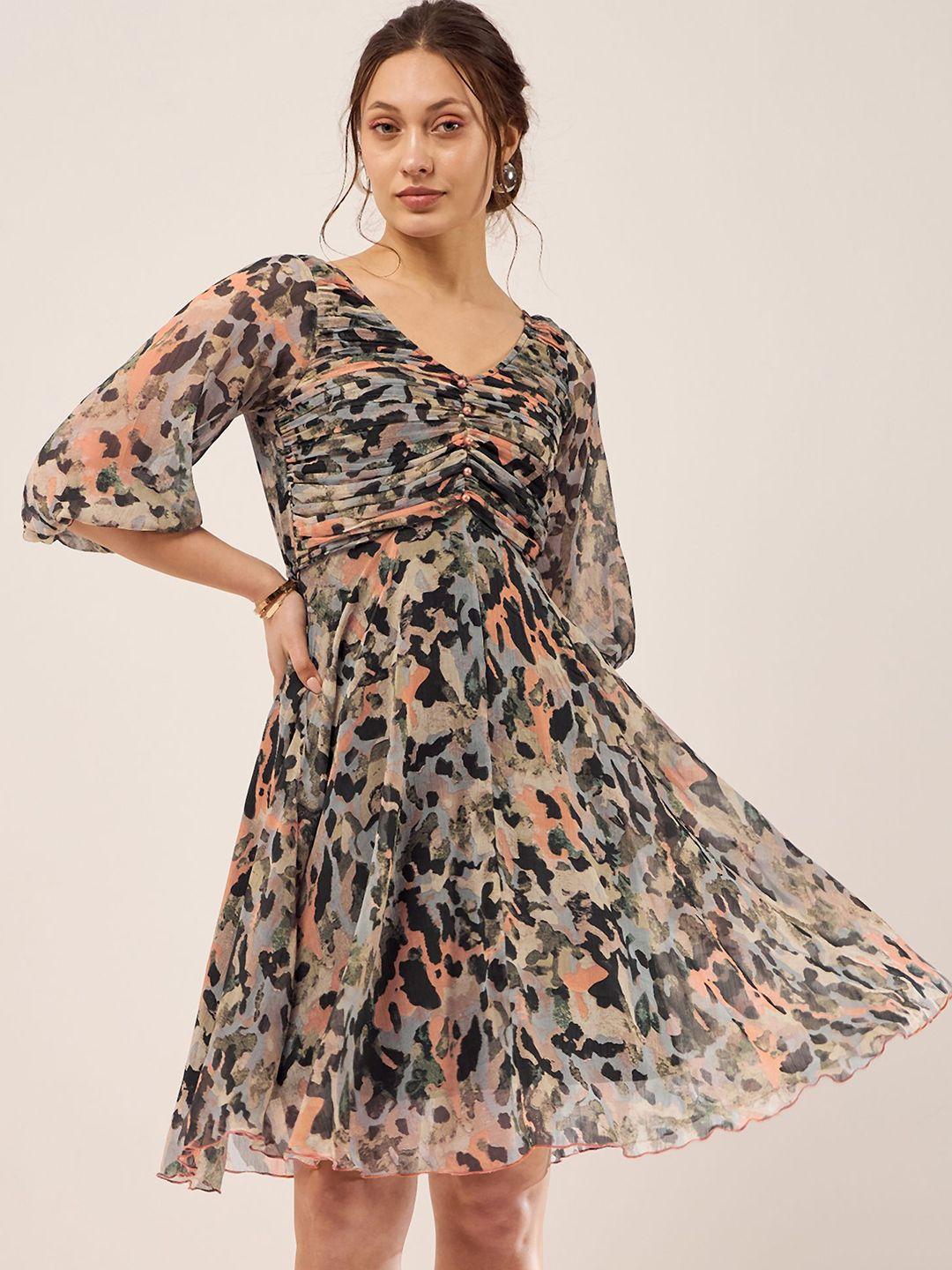 antheaa floral print flared sleeve layered chiffon fit & flare dress