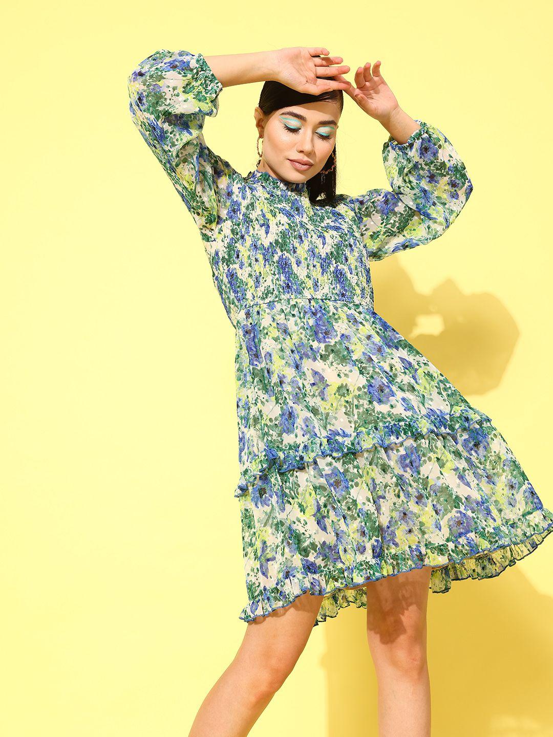 antheaa floral print puff sleeve chiffon a-line dress