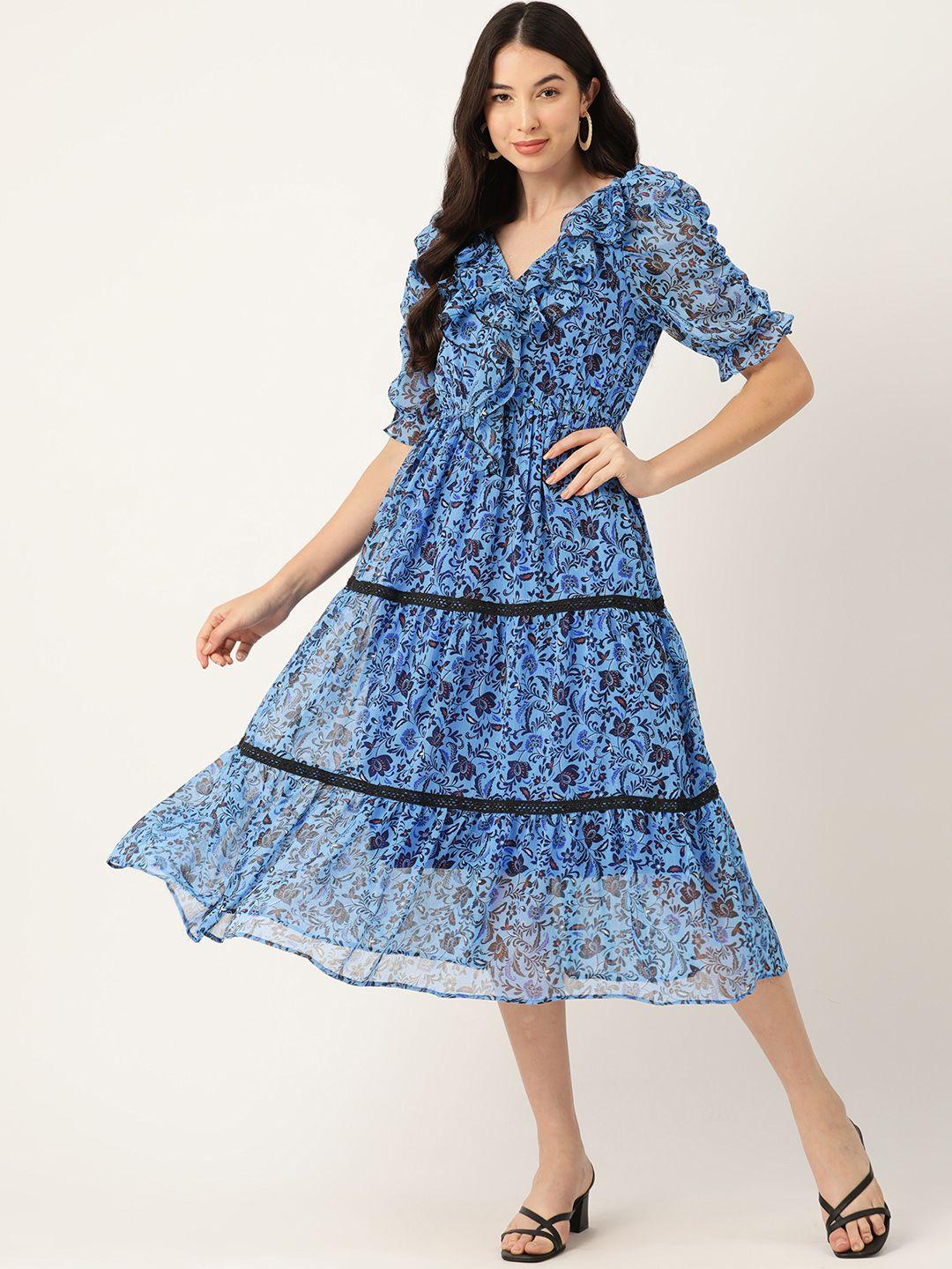 antheaa floral print puff sleeve chiffon a-line midi dress