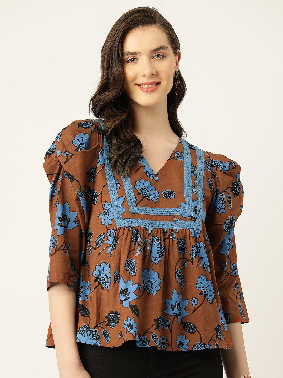 antheaa floral print puff sleeve cotton top