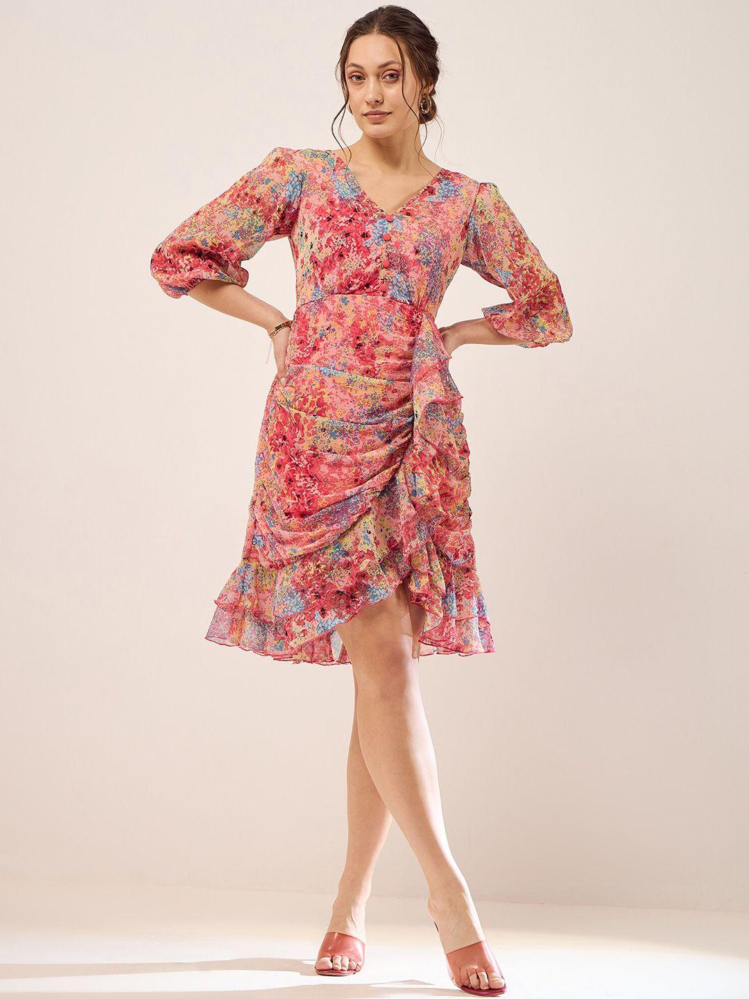 antheaa floral print puff sleeve layered chiffon fit & flare dress