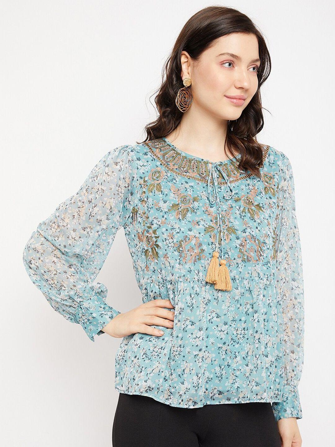 antheaa floral print tie-up neck chiffon top