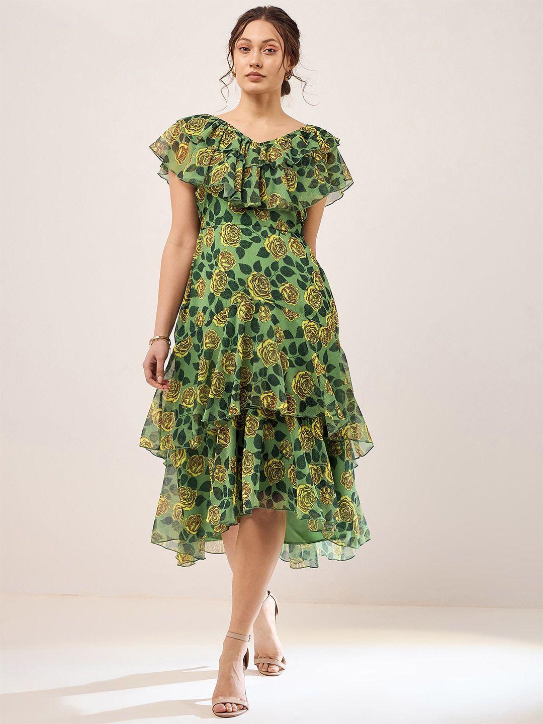 antheaa floral print tie-up neck flutter sleeve layered chiffon a-line midi dress