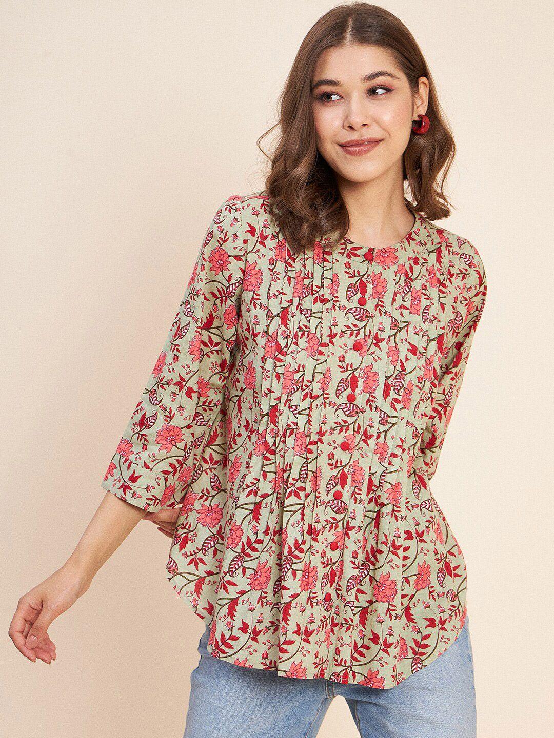 antheaa floral printed band collar pleated pure cotton top