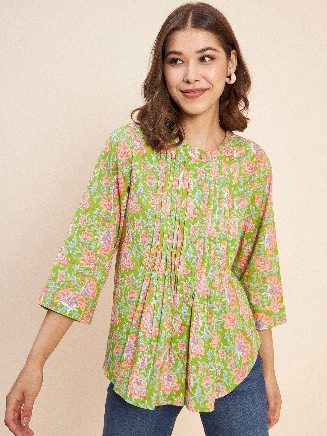 antheaa floral printed mandarin collar gathered detail cotton top