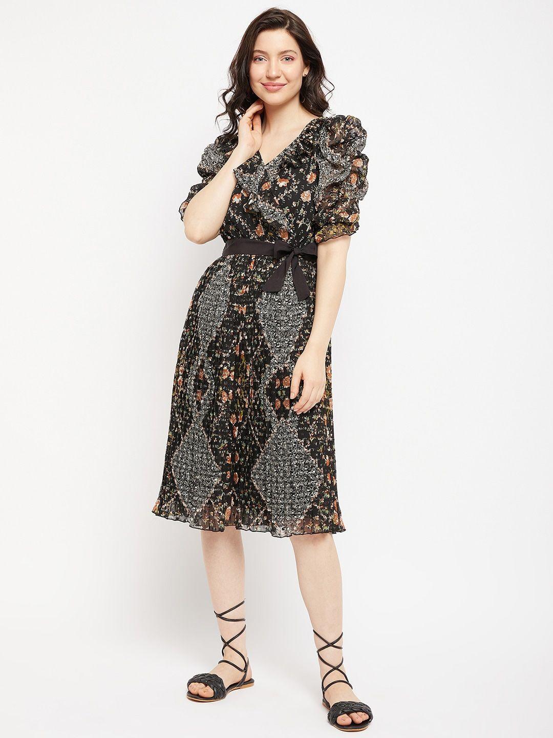 antheaa floral printed puff sleeve fit & flare dress