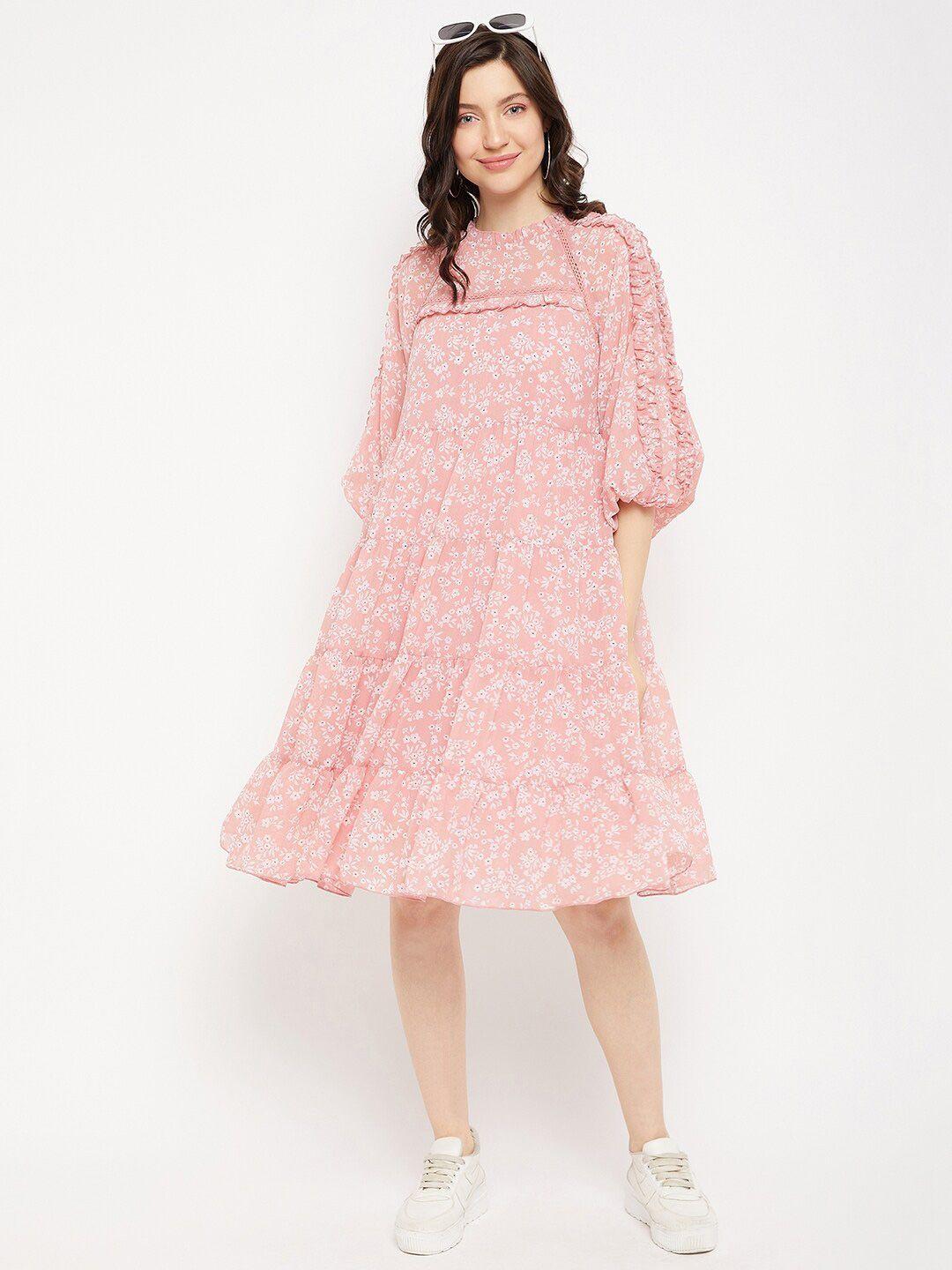 antheaa floral printed puff sleeve tiered ruffles a-line dress