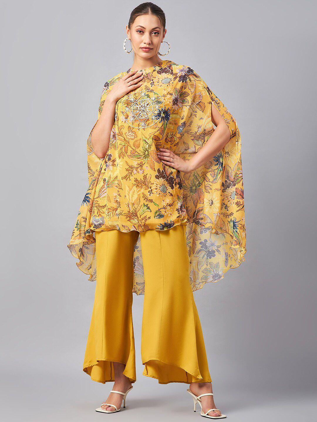 antheaa floral printed round neck tunic with flared palazzos co-ords