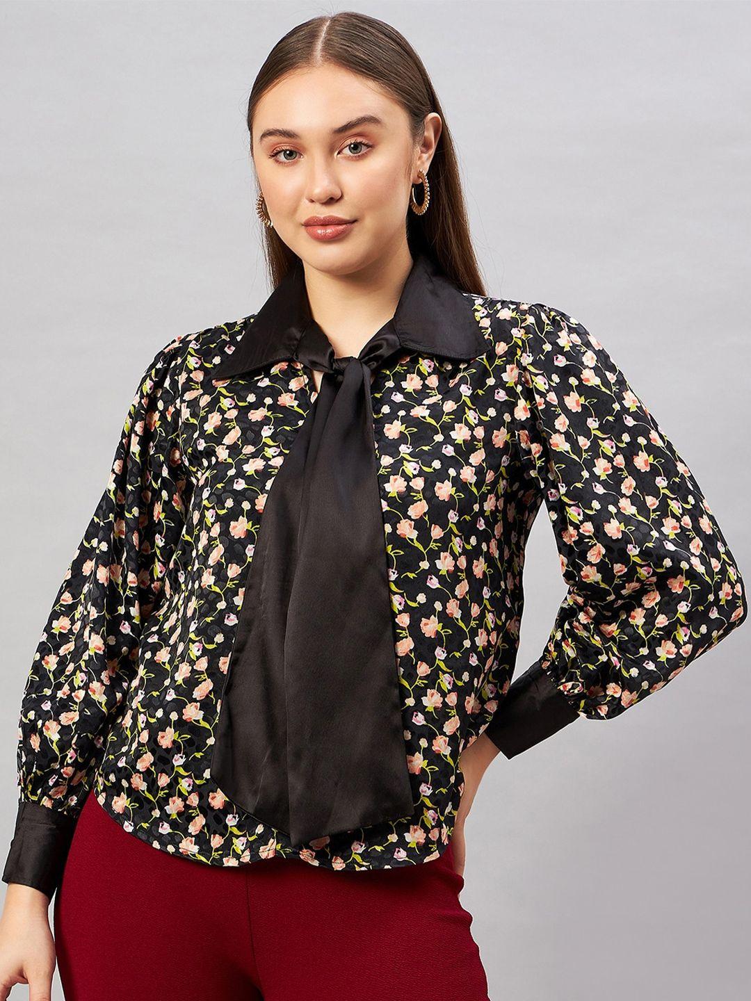 antheaa floral printed shirt collar cuffed sleeves satin top