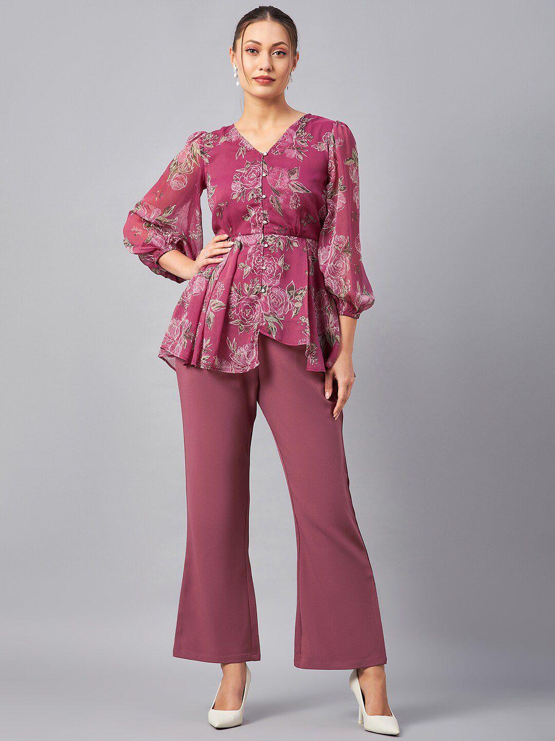 antheaa floral printed v-neck tunic with trousers
