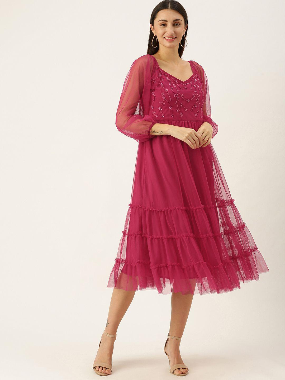 antheaa fuchsia embellished net midi dress