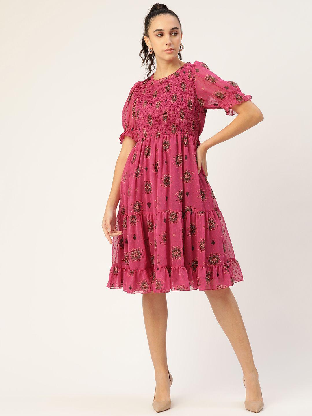 antheaa fuchsia pink & brown floral print smocked tiered chiffon dress