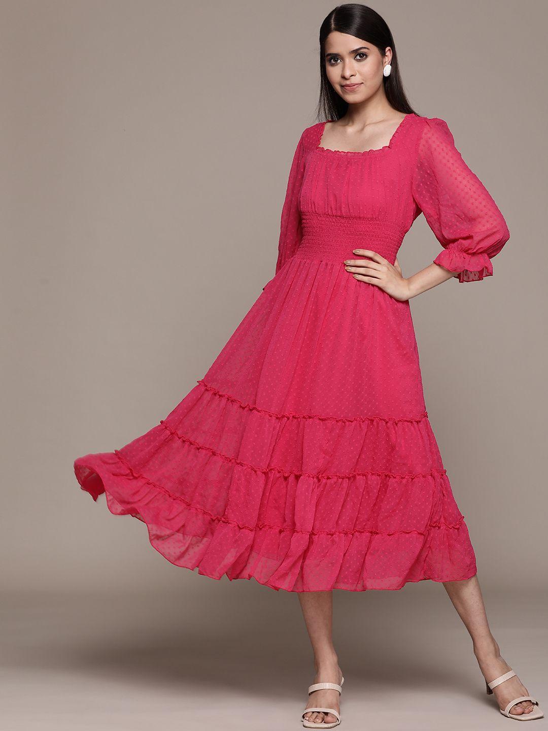 antheaa fuchsia solid chiffon smocked tiered midi dress