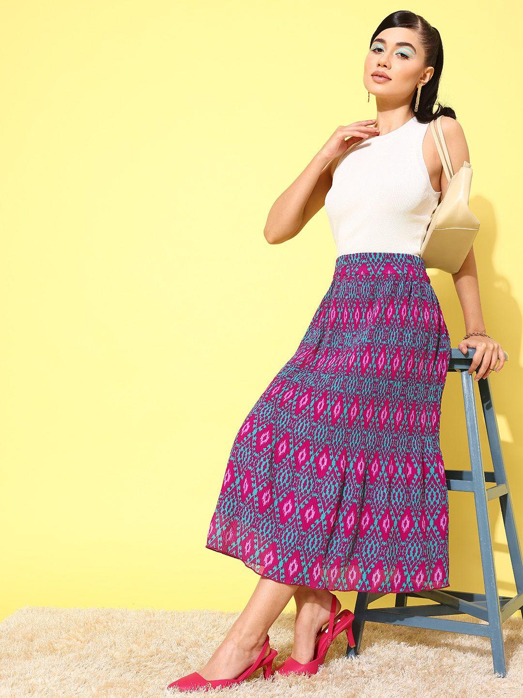 antheaa geometric print accordion pleated midi skirt