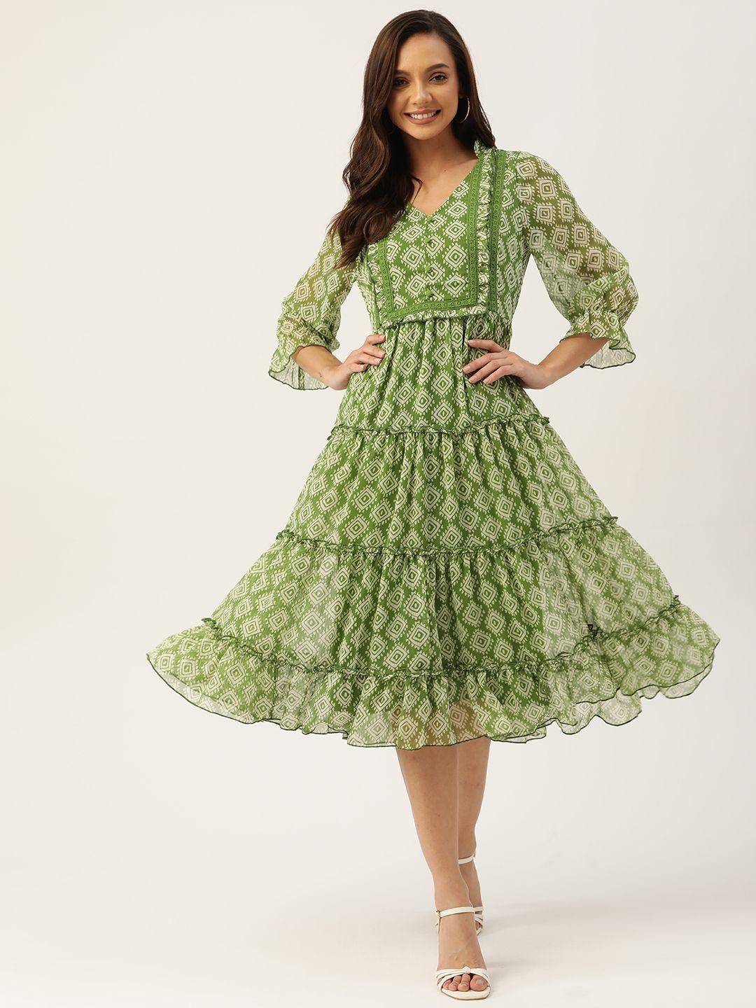 antheaa green & white chiffon geometric print tiered dress