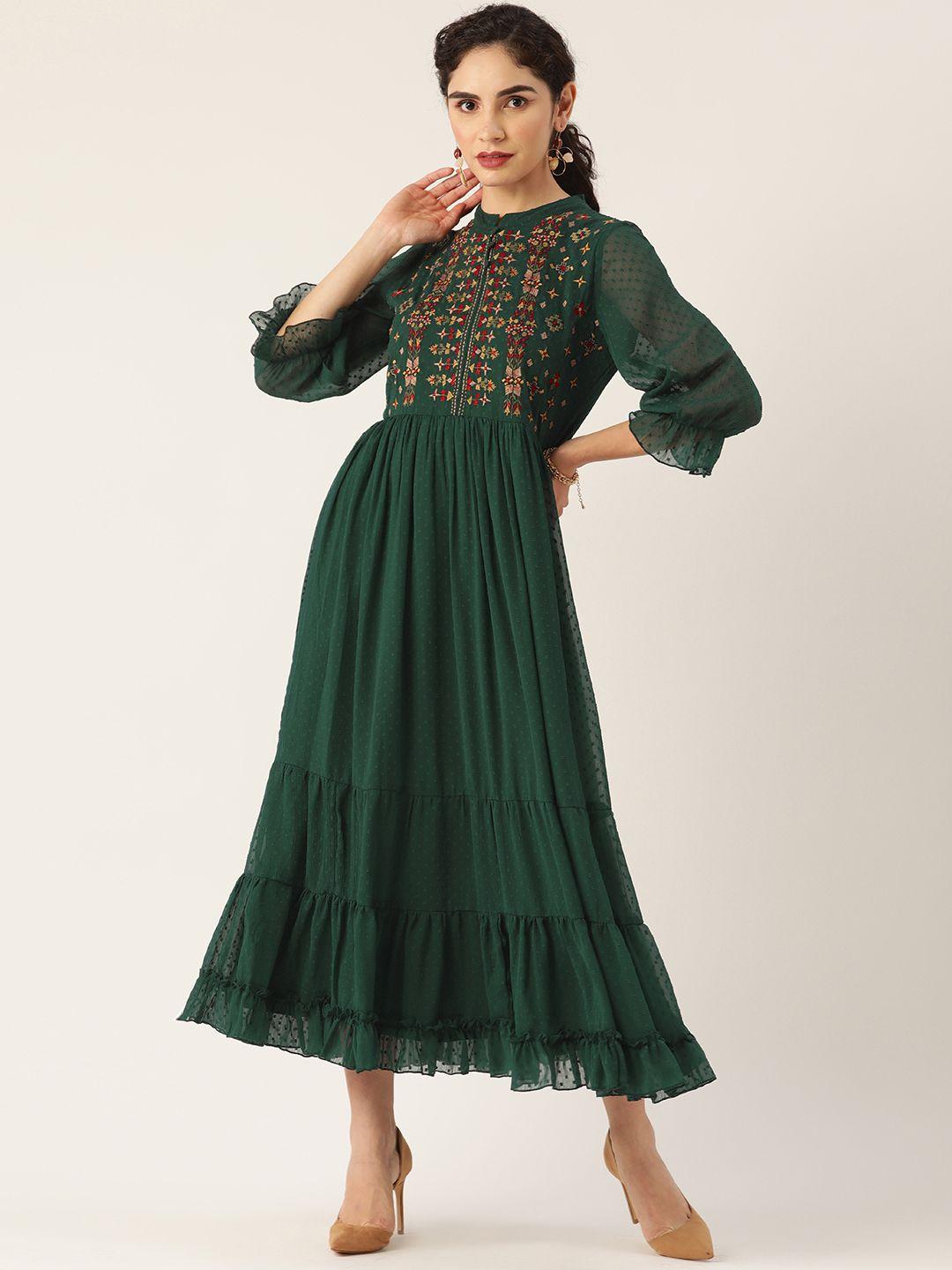 antheaa green dobby weave embroidered tiered a-line midi dress