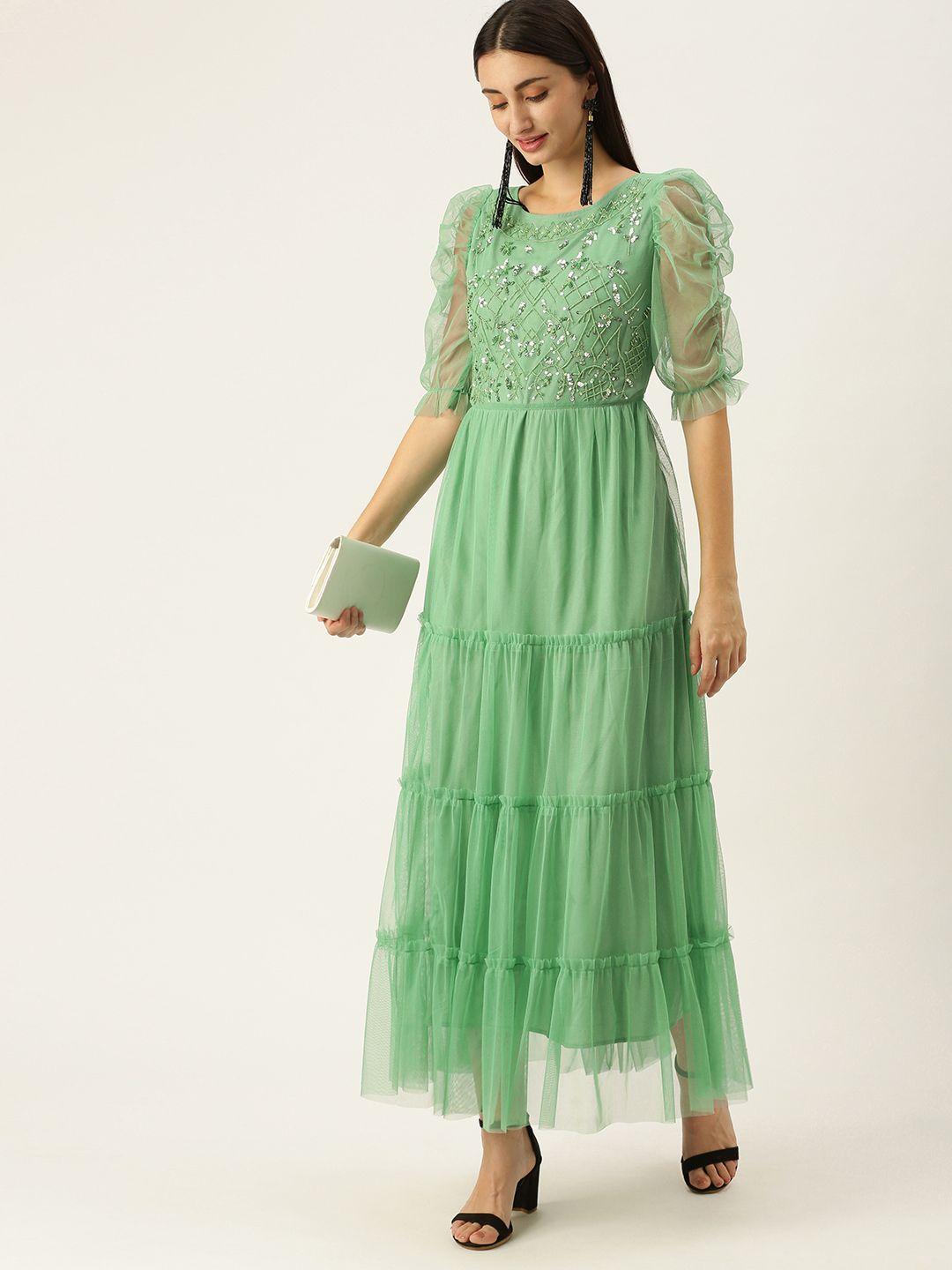 antheaa green embellished net maxi dress