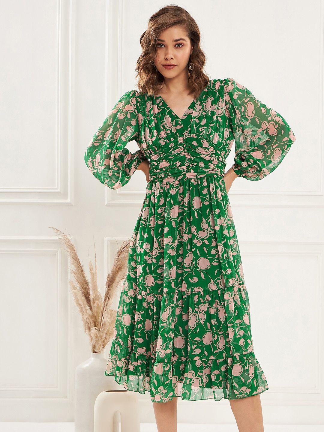 antheaa green floral printed v-neck puff sleeve pleated tiered fit & flare dress