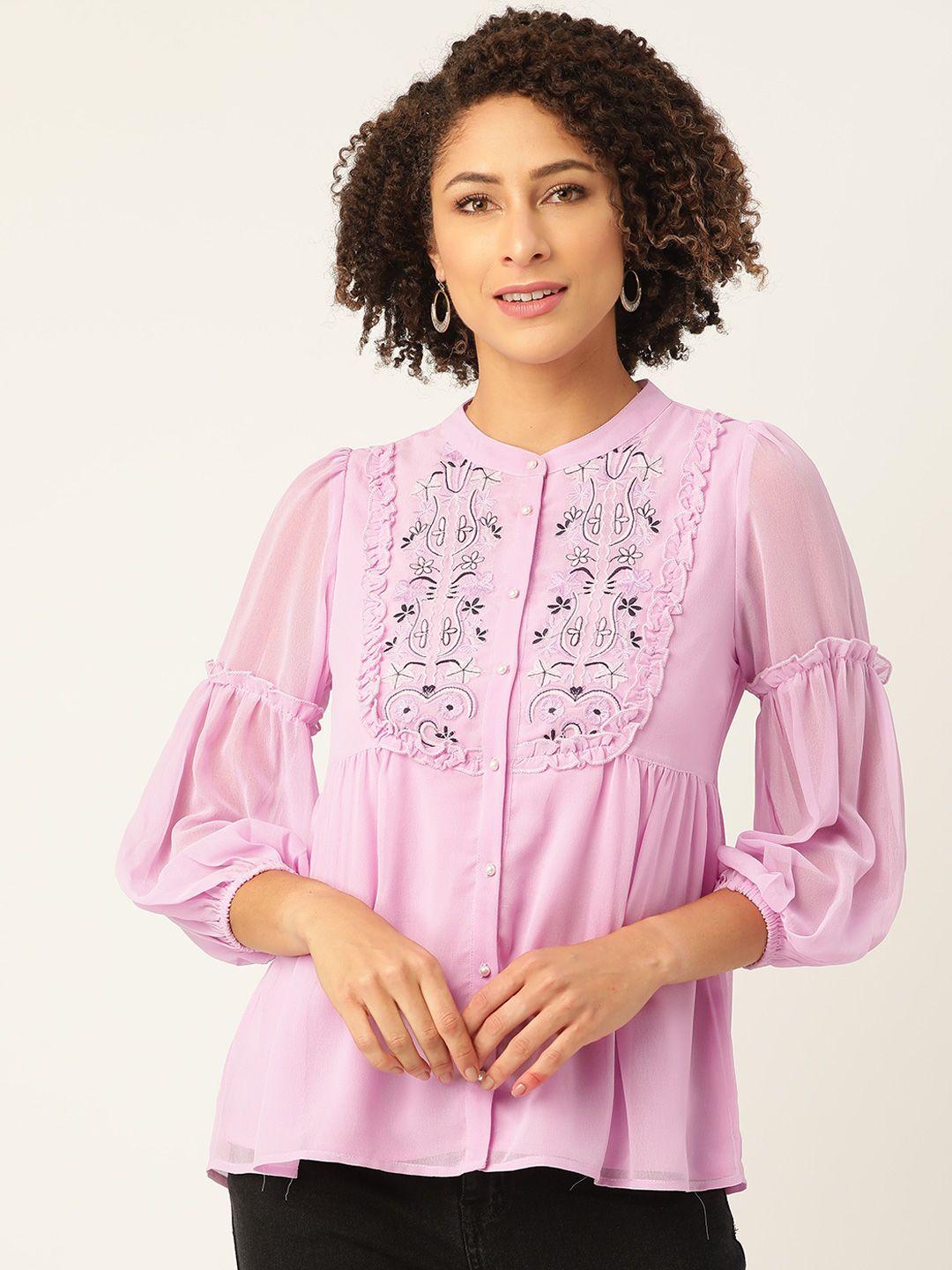 antheaa lavender embroidered mandarin collar puff sleeves a-line top