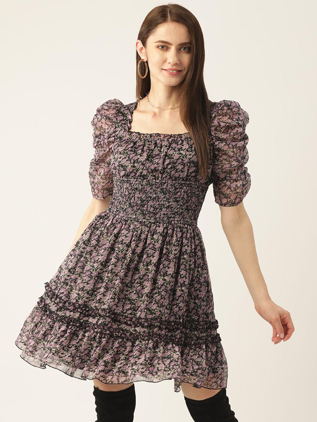 antheaa lavender floral smocked chiffon dress