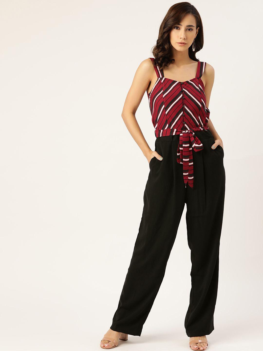 antheaa maroon & black striped basic jumpsuit
