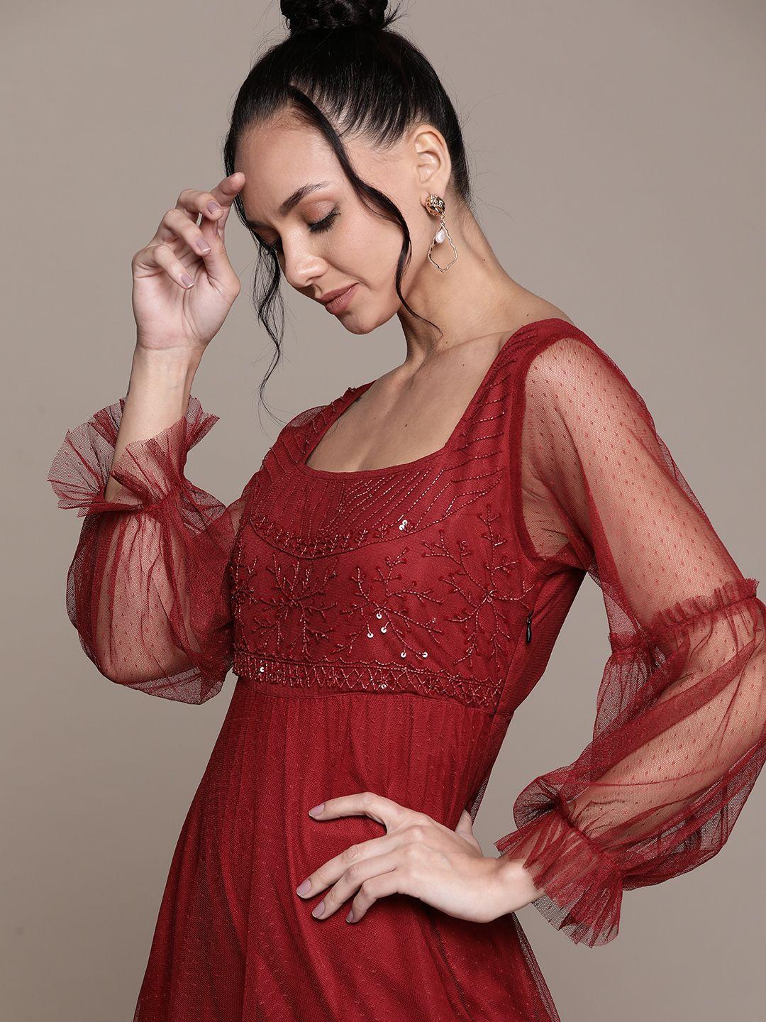 antheaa maroon embellished chiffon midi dress