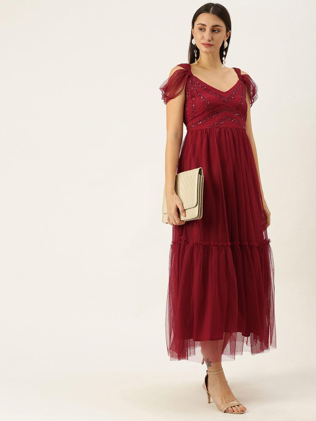 antheaa maroon embellished net maxi dress