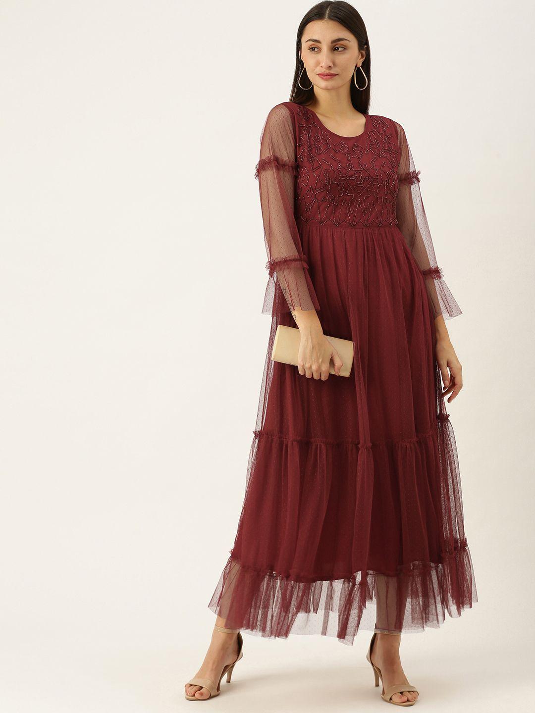 antheaa maroon embellished tiered net maxi dress