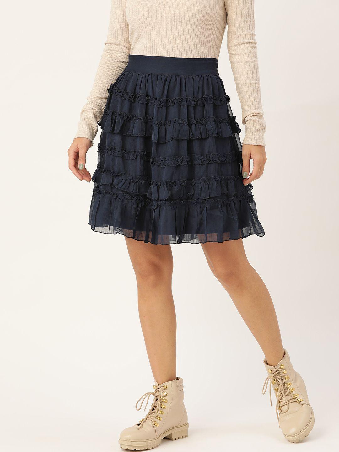 antheaa men navy blue solid frilled tiered skirt