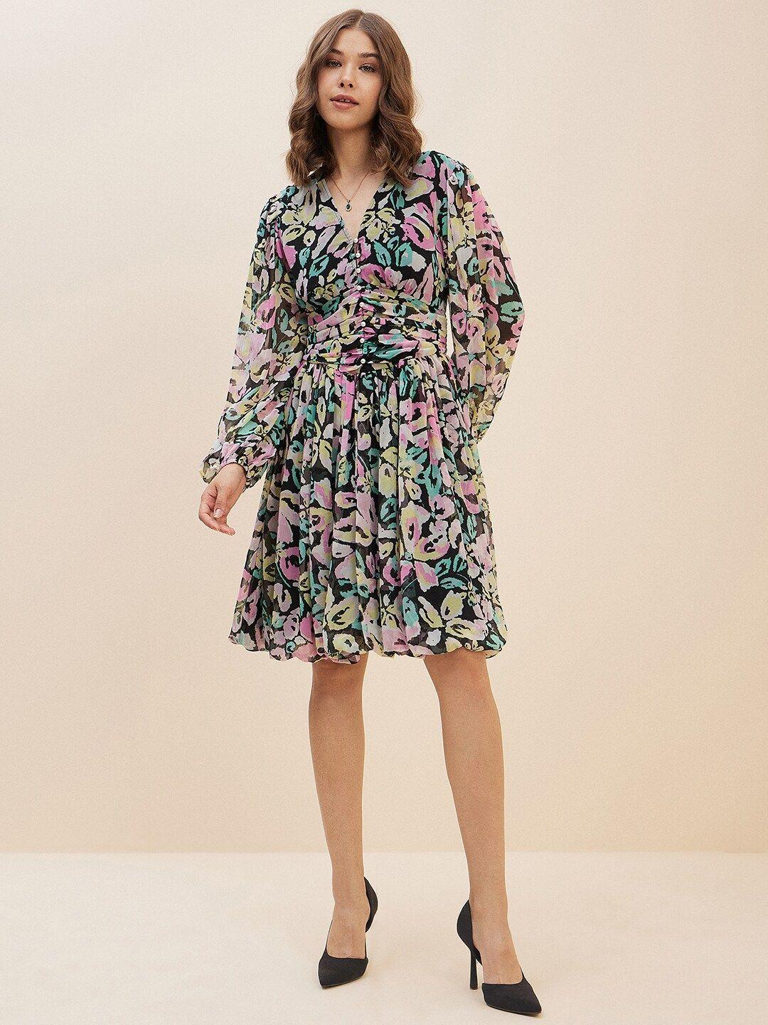 antheaa multicoloured floral print chiffon fit & flare dress