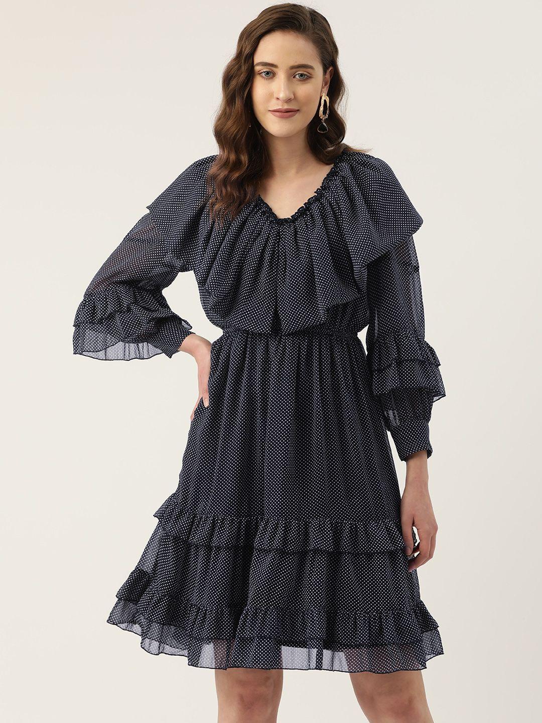 antheaa navy blue polka dot print ruffle chiffon fit & flare dress