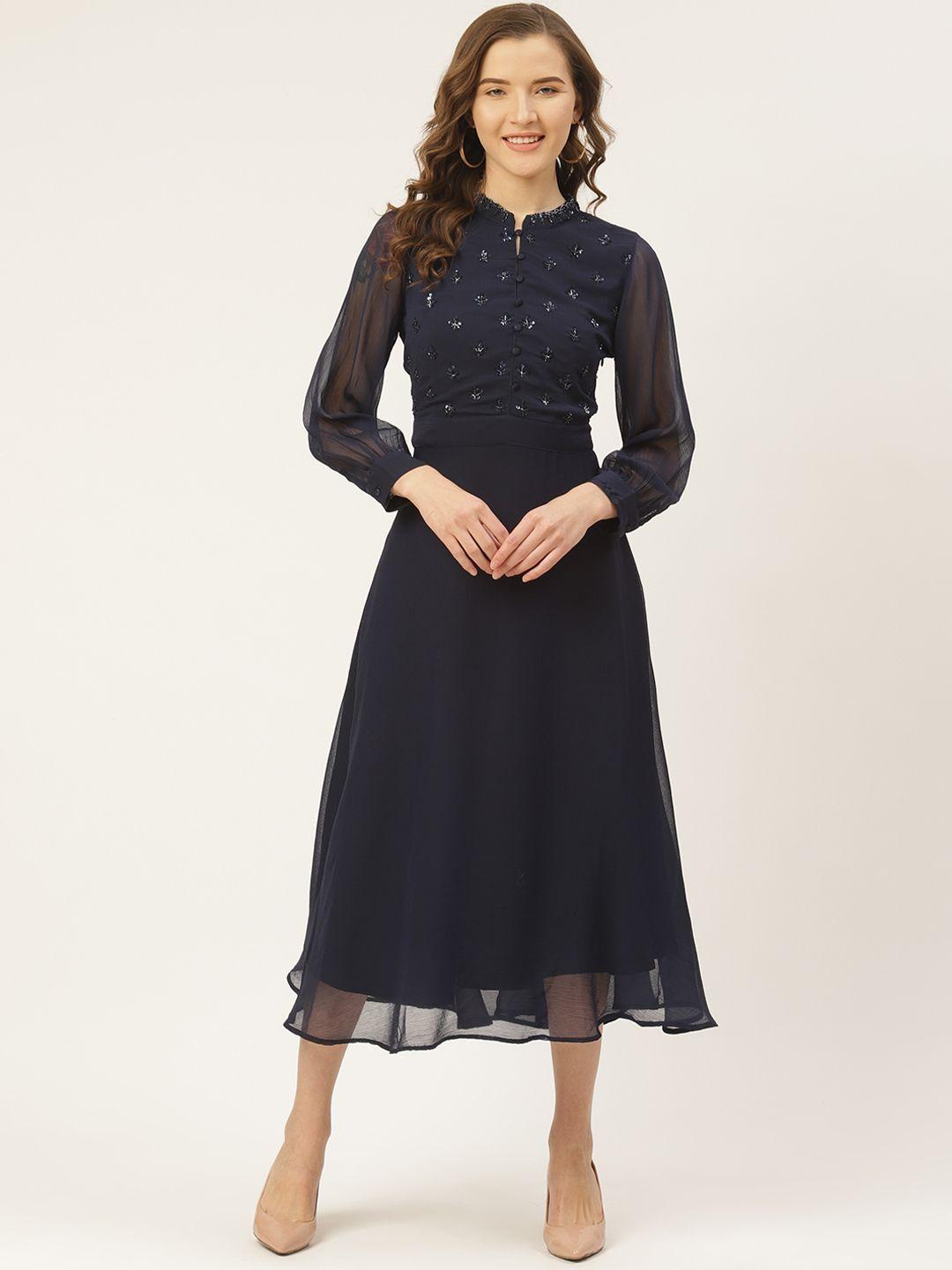 antheaa navy blue sequined a-line dress