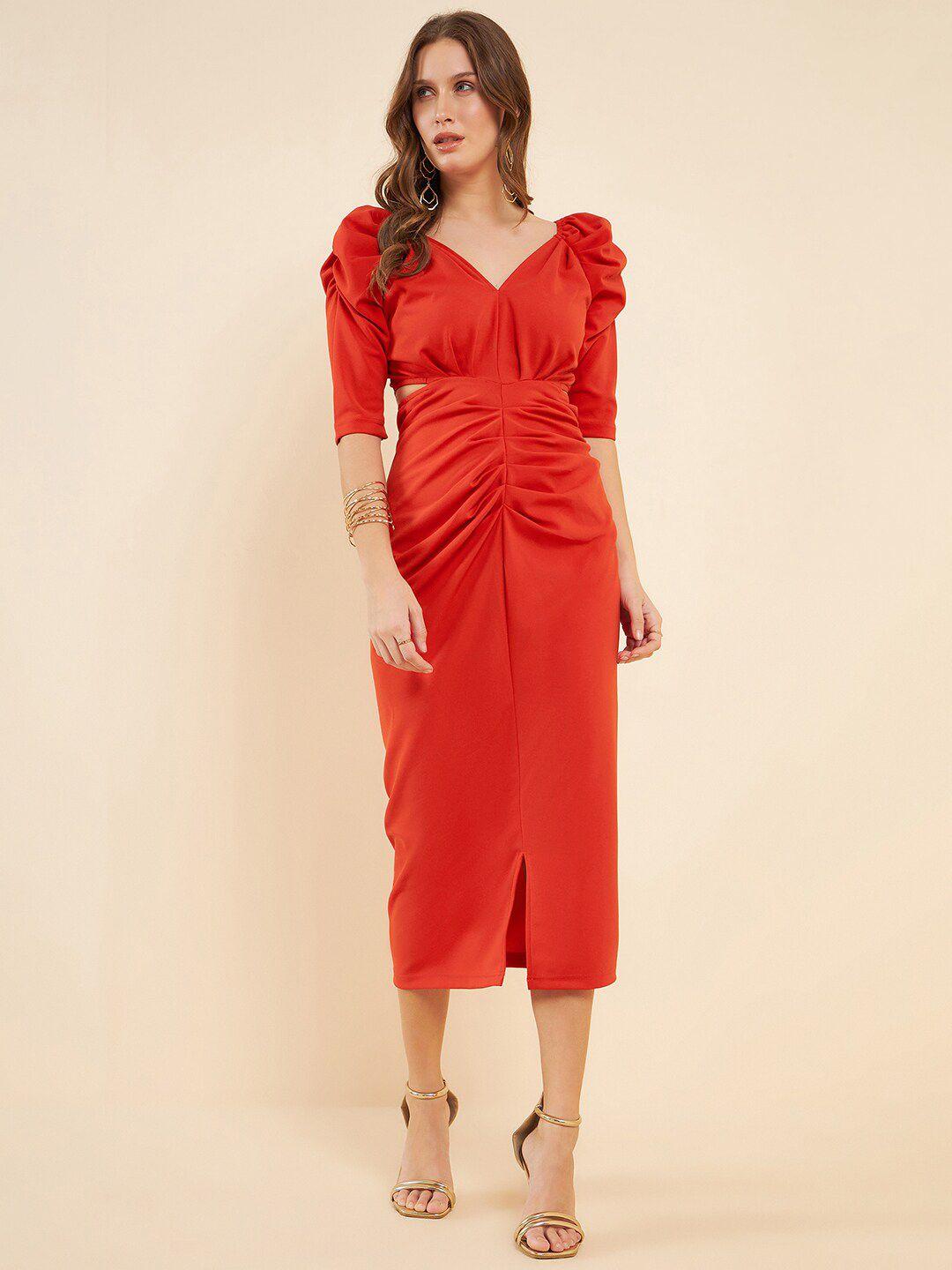 antheaa orange-coloured v-neck cut-out detailed ruched sheath midi dress