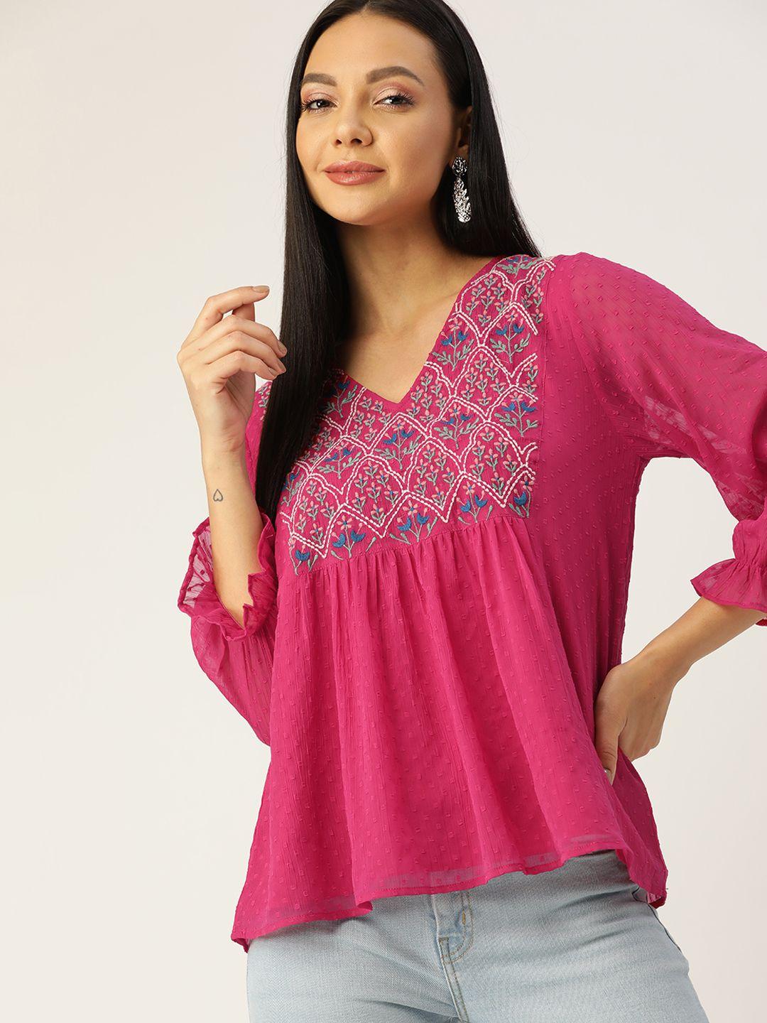 antheaa pink & blue embroidered dobby weave a-line top