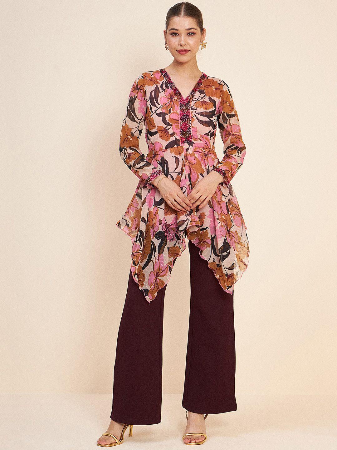 antheaa pink & brown printed embellished top & trousers