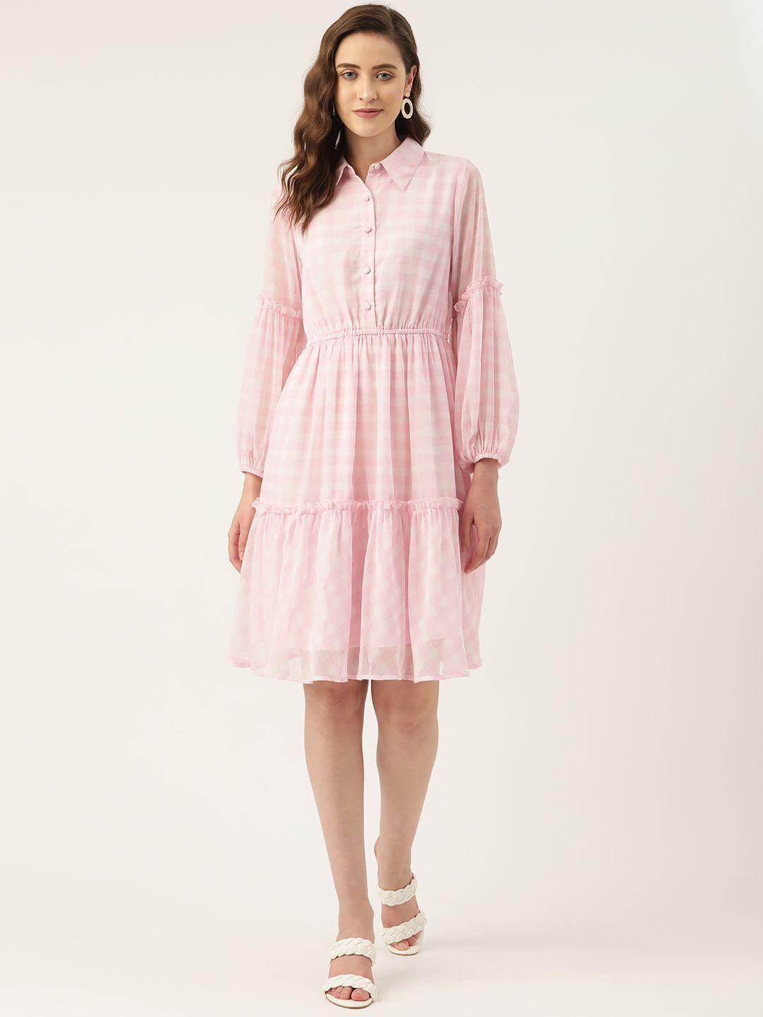 antheaa pink & white checked chiffon shirt style dress