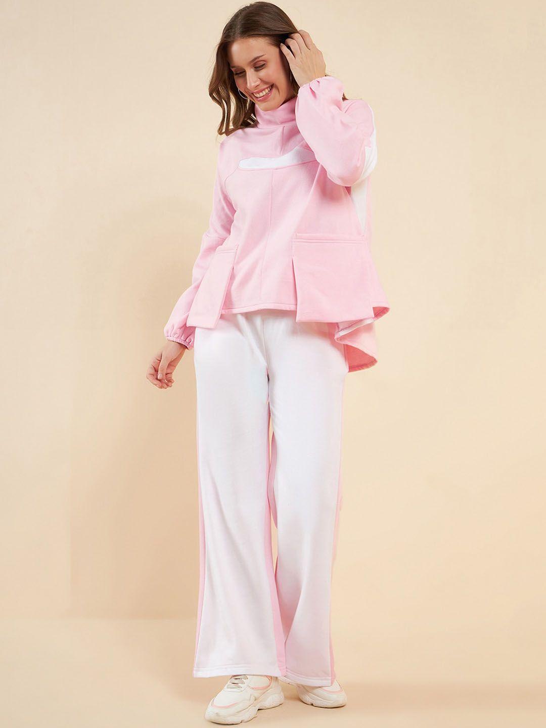 antheaa pink & white colourblocked high neck top & flared trouser