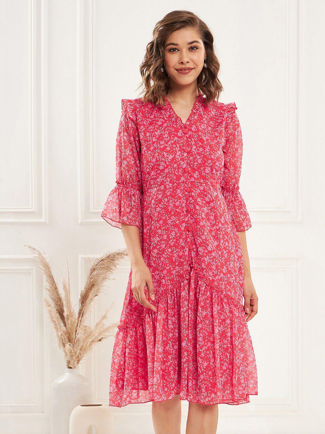 antheaa pink & white floral printed v-neck bell sleeve ruffled chiffon fit & flare dress