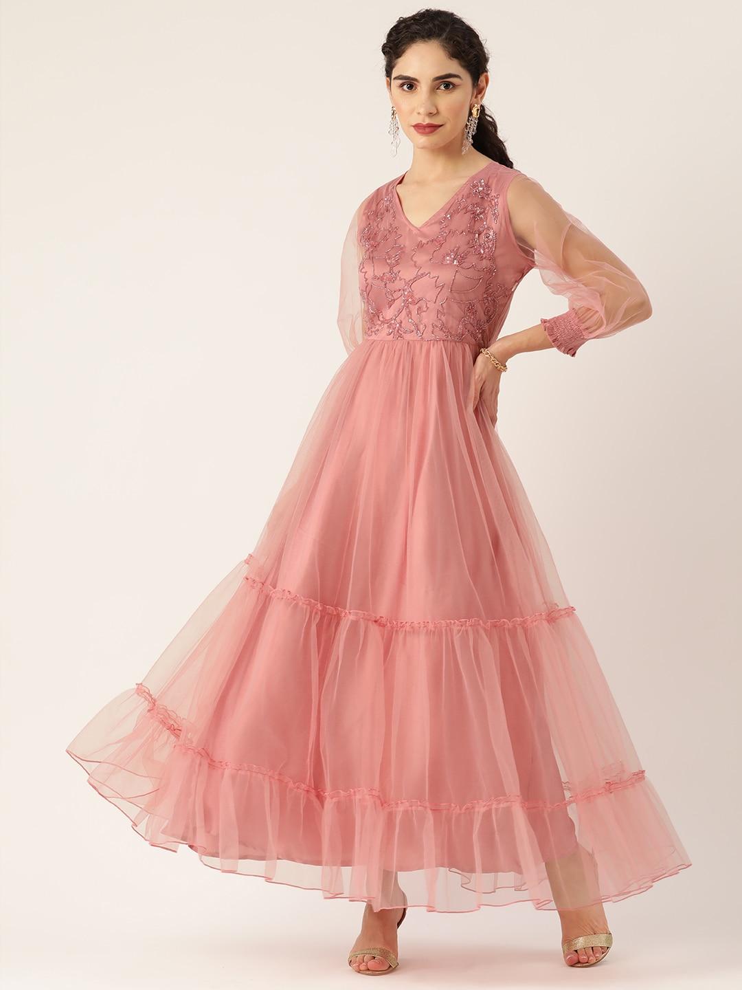 antheaa pink embellished net tiered ethnic maxi dress